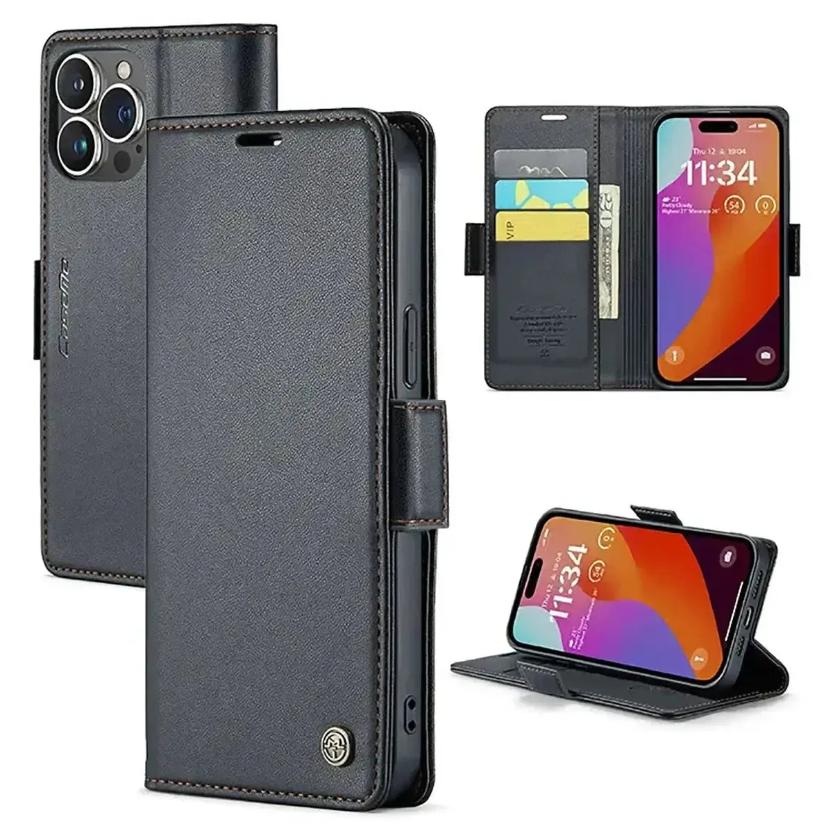 Buy Premium PU Leather Multi-Function Flip iPhone Case with Card Slots, Wallet Pocket, Kickstand, and Full-Body Protection, ARIA at Caseles-iPhone 16 Pro Max, Aria-Black
