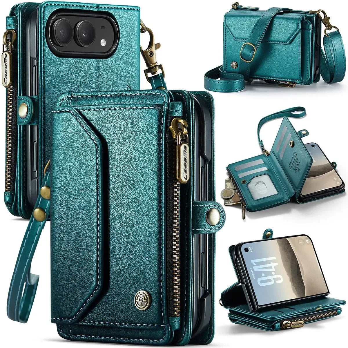 Buy Multifunctional Leather Crossbody Wallet Case with RFID Blocking & Wireless Charging for iPhone Duo - Aurelia at Caseles-iPhone Duo, Aurora-Green