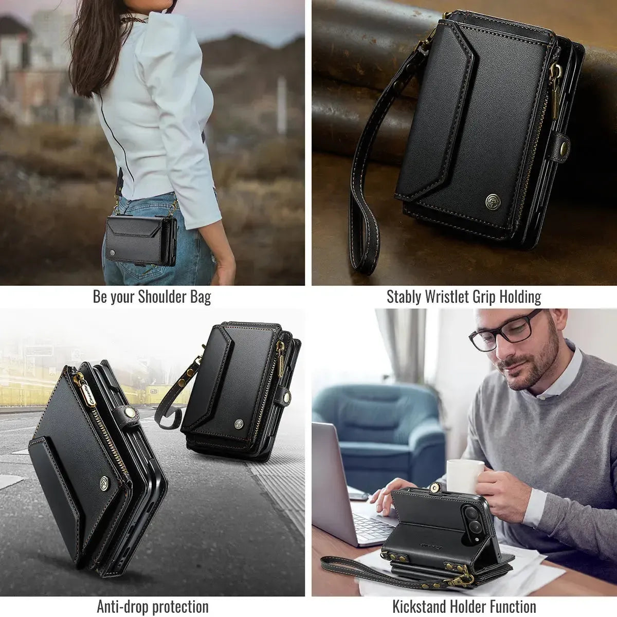 Buy Multifunctional Leather Crossbody Wallet Case with RFID Blocking & Wireless Charging for iPhone Duo - Aurelia at Caseles-iPhone Duo, Aurora-Purple
