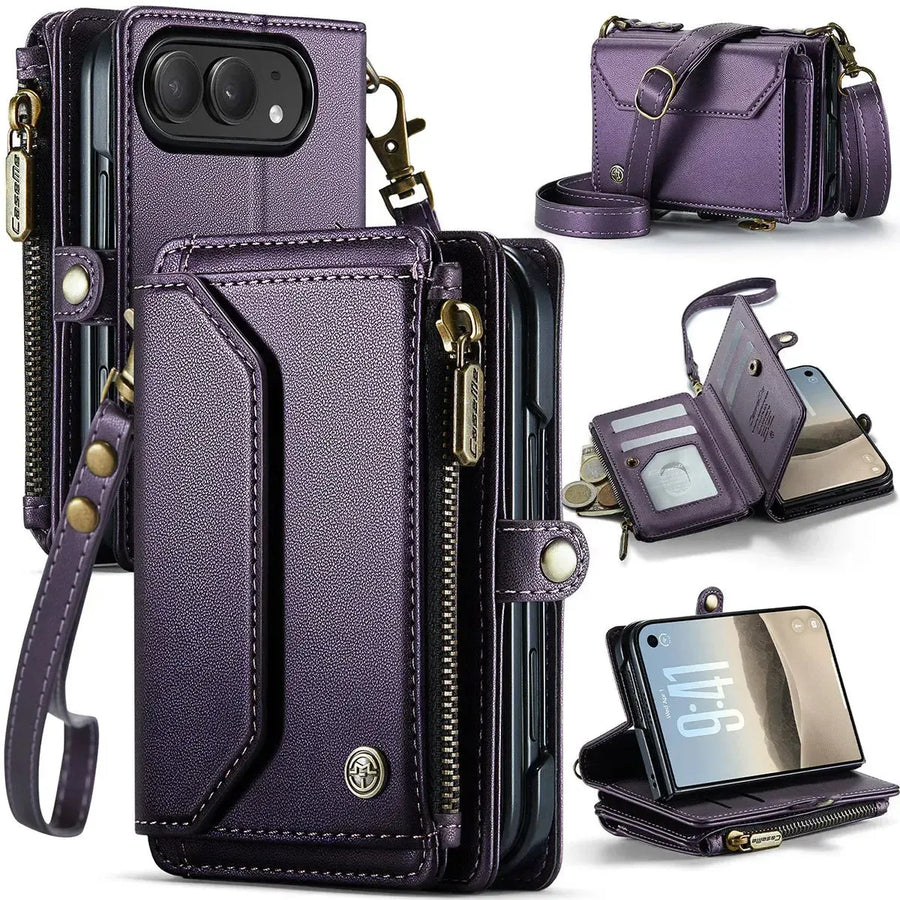 Buy Multifunctional Leather Crossbody Wallet Case with RFID Blocking & Wireless Charging for iPhone Duo - Aurelia at Caseles-iPhone Duo, Aurora-Purple