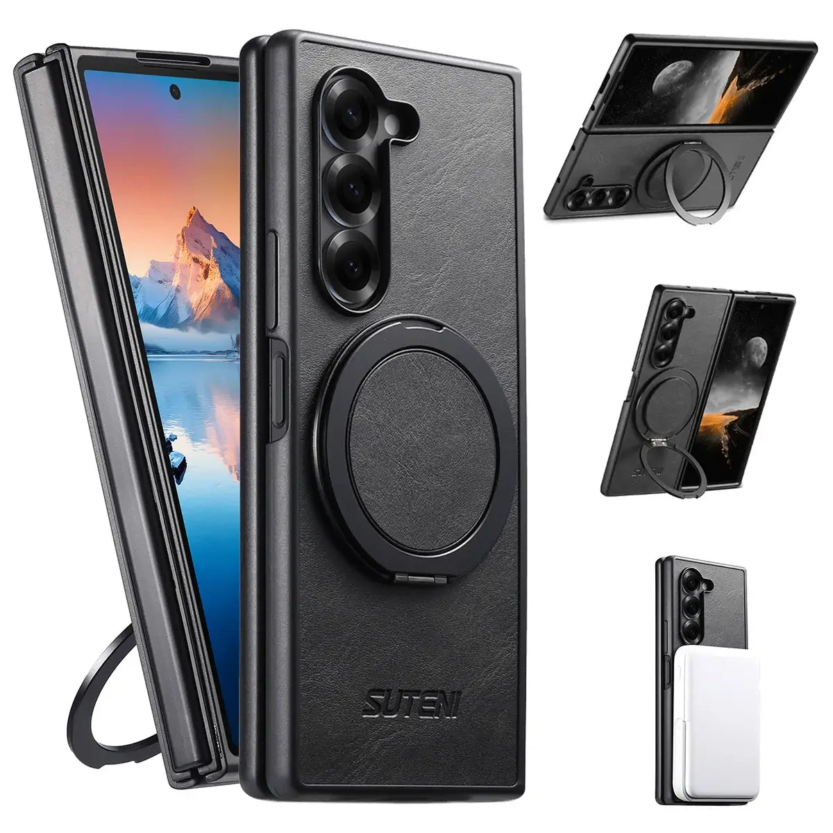 Buy Magnetic Vegan Leather Case for Galaxy Z Fold 7/6/5, 360° Rotatable Ring Stand, MagSafe Compatible Shockproof Armor - Austin at Caseles-Samsung Galaxy Z Fold 7, Black