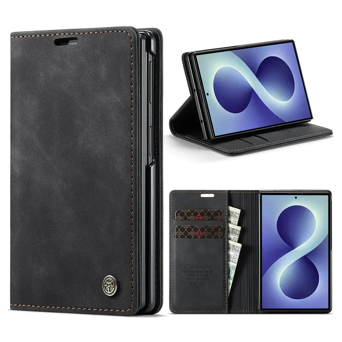Buy Zipper Wallet Case for Galaxy Z Fold, Multi-Card Slots Leather Cover with Kickstand & 360° Full Protection - BERKELEY at Caseles-Samsung Galaxy Z Fold 8, BJM-Black