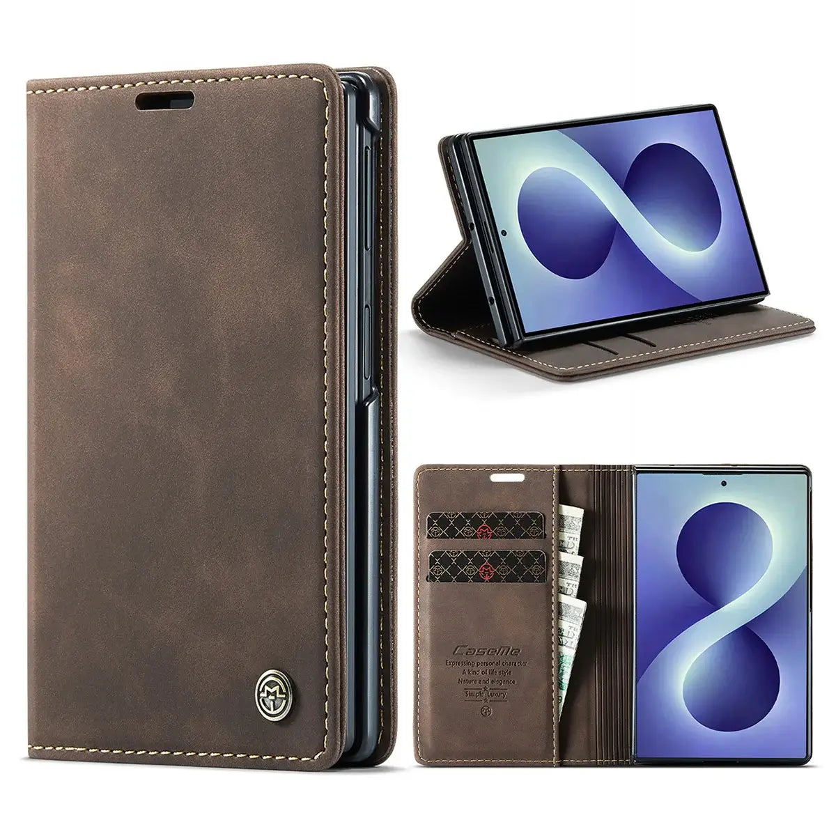 Buy Zipper Wallet Case for Galaxy Z Fold, Multi-Card Slots Leather Cover with Kickstand & 360° Full Protection - BERKELEY at Caseles-Samsung Galaxy Z Fold 8, BJM-Coffee
