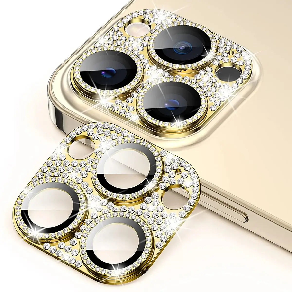 Buy Luxury Bling Diamond Camera Lens Protector for iPhone, Sparkle Glitter Alloy Cover, HD Clear 9H Tempered Glass, Ultra-Strong Suction, Aesthetic Protective Lens Sticker - BLING GLITTER LENS PROTECTOR at Caseles-iPhone 17 Pro Max, Gold