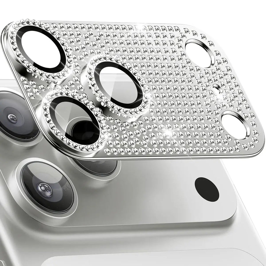 Buy Luxury Bling Diamond Camera Lens Protector for iPhone, Sparkle Glitter Alloy Cover, HD Clear 9H Tempered Glass, Ultra-Strong Suction, Aesthetic Protective Lens Sticker - BLING GLITTER LENS PROTECTOR at Caseles-iPhone 17 Pro Max, Silver