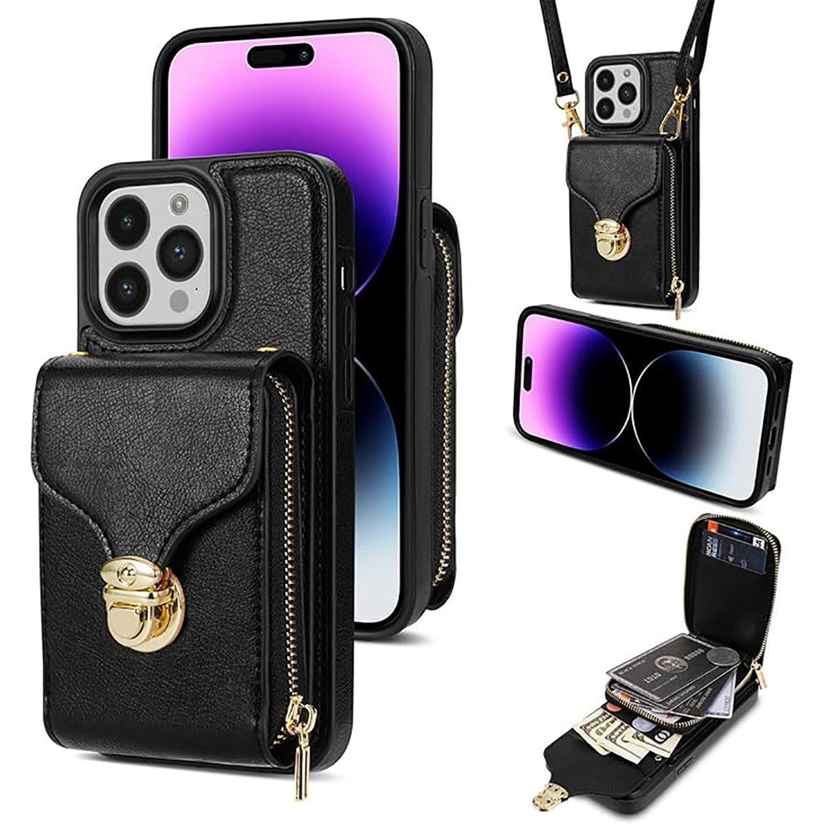 Buy Detachable Lanyard Leather Case Wallet Case Card Slot Shockproof Kickstand Zipper Closure Flip Leather Case for iPhone,Briana at Caseles-iPhone 16 Pro Max, Black