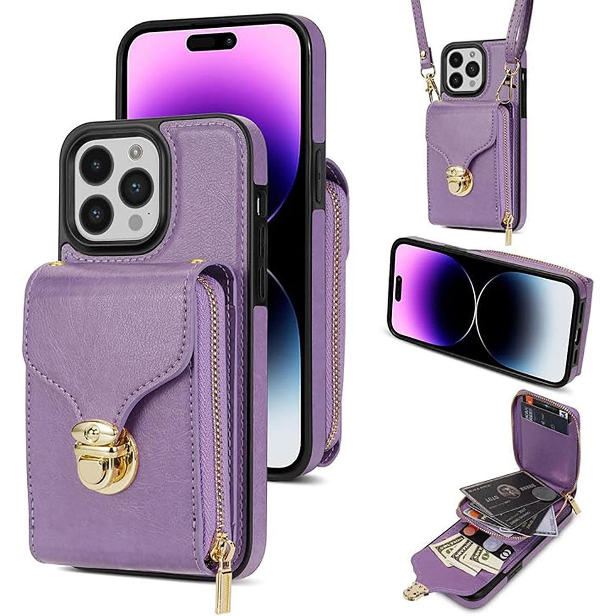 Buy Detachable Lanyard Leather Case Wallet Case Card Slot Shockproof Kickstand Zipper Closure Flip Leather Case for iPhone,Briana at Caseles-iPhone 16 Pro Max, Purple