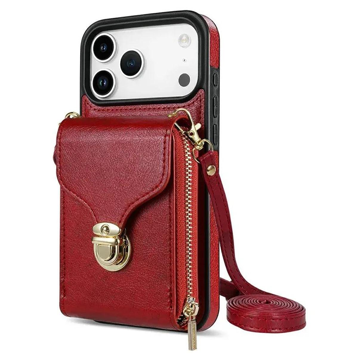 Buy Detachable Lanyard Leather Case Wallet Case Card Slot Shockproof Kickstand Zipper Closure Flip Leather Case for iPhone,Briana at Caseles-iPhone 17 Pro Max, Black