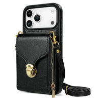 Buy Detachable Lanyard Leather Case Wallet Case Card Slot Shockproof Kickstand Zipper Closure Flip Leather Case for iPhone,Briana at Caseles-iPhone 17 Pro Max, Black