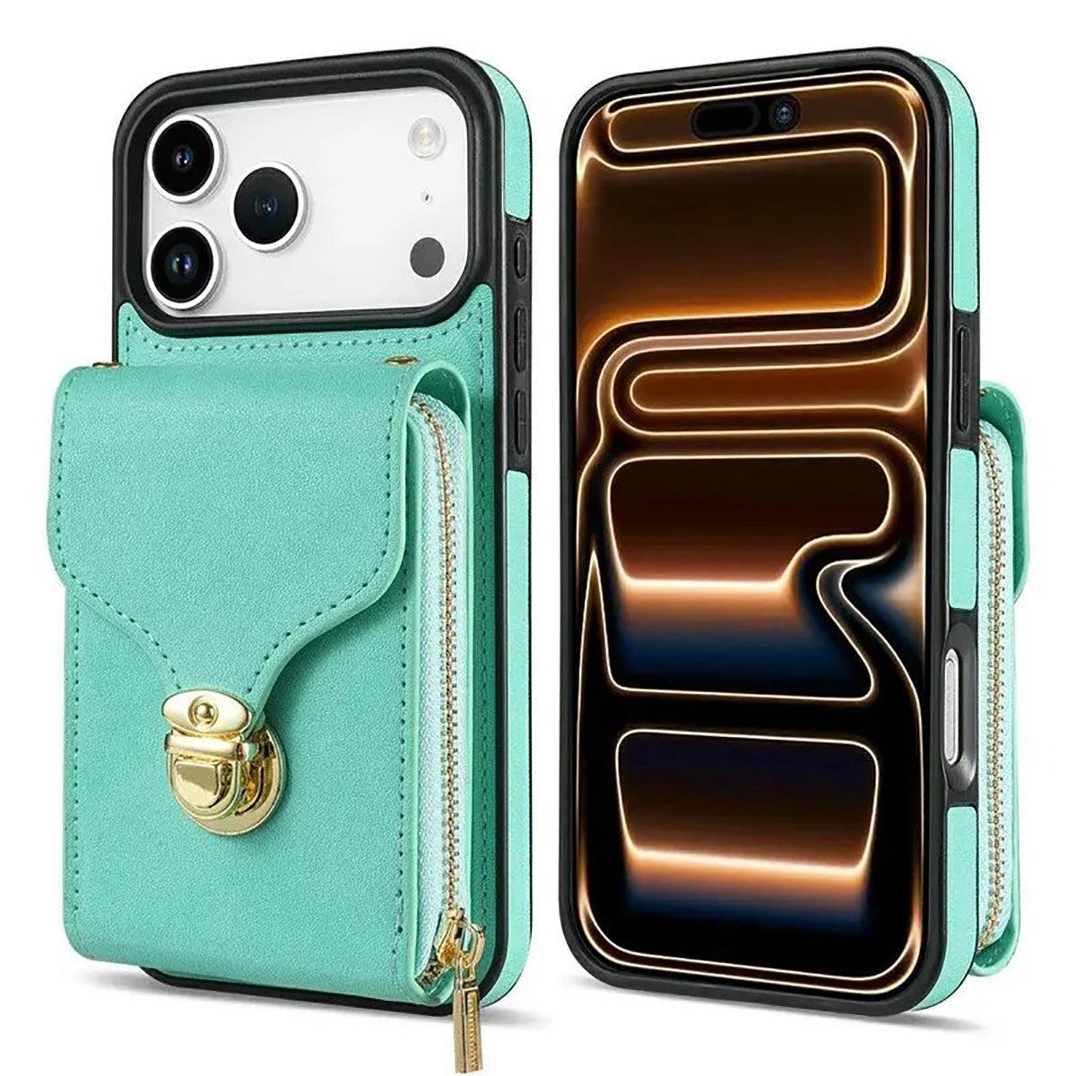 Buy Detachable Lanyard Leather Case Wallet Case Card Slot Shockproof Kickstand Zipper Closure Flip Leather Case for iPhone,Briana at Caseles-iPhone 17 Pro Max, Black