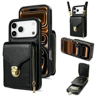 Buy Detachable Lanyard Leather Case Wallet Case Card Slot Shockproof Kickstand Zipper Closure Flip Leather Case for iPhone,Briana at Caseles-iPhone 17 Pro Max, Black