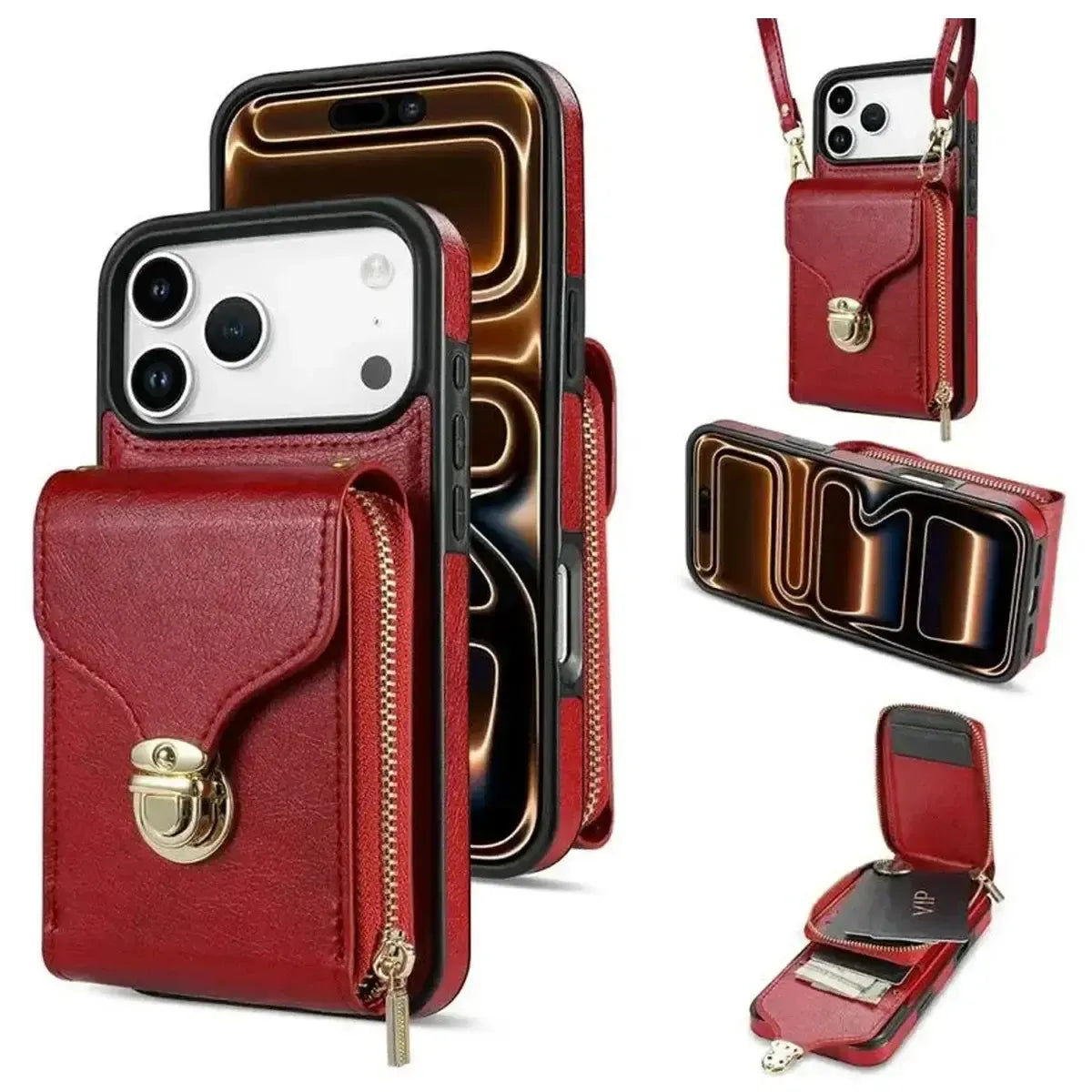 Buy Detachable Lanyard Leather Case Wallet Case Card Slot Shockproof Kickstand Zipper Closure Flip Leather Case for iPhone,Briana at Caseles-iPhone 17 Pro Max, Red