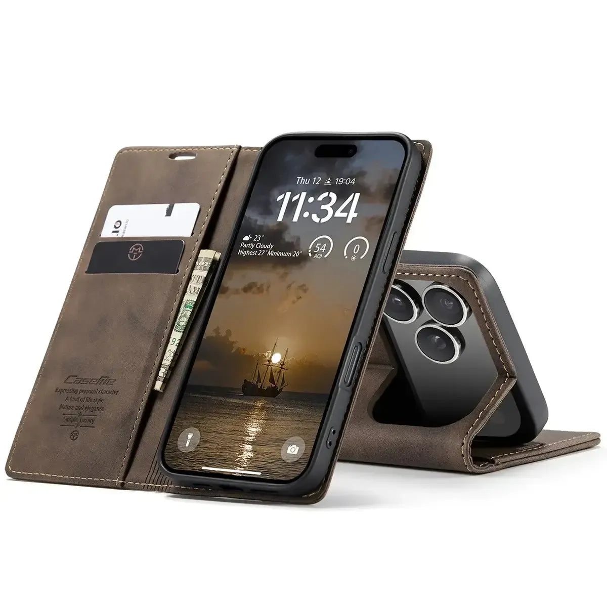 Buy Magnetic Flip Leather Card Wallet Case for iPhone, Kickstand & Drop Protection, BROOKS at Caseles-iPhone 17 Pro Max, BJM-Coffee