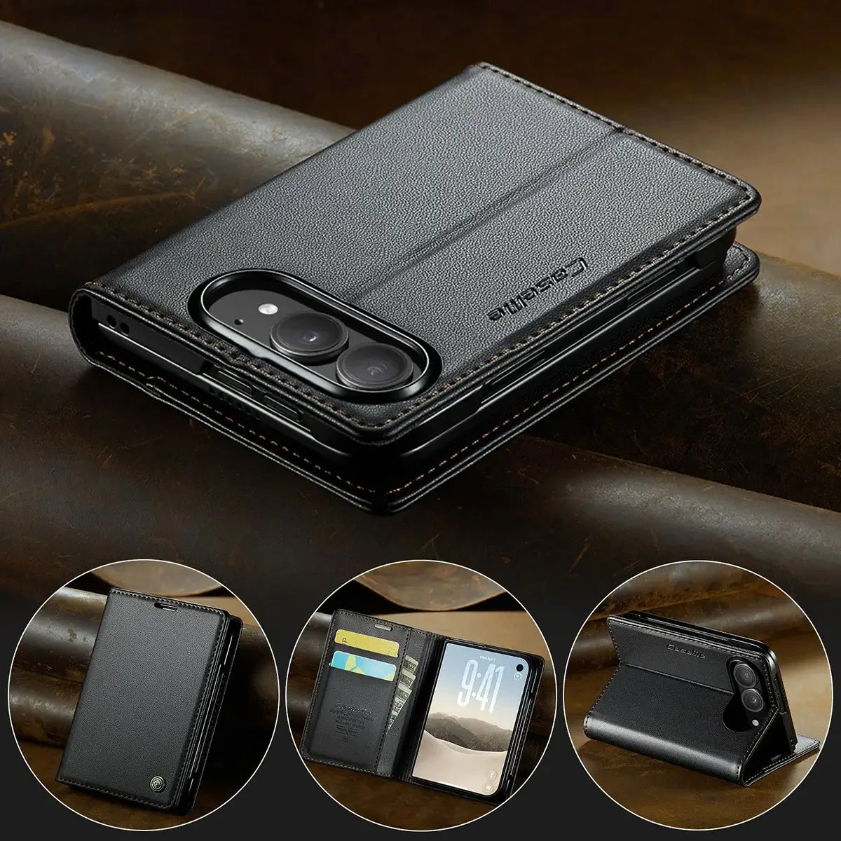 Buy Slim & Lightweight Flip Folio with 2 Card Slots, 1 Cash Slot, RFID Protection, Magnetic Closure & Wireless Charging Support for iPhone Duo - CLEO at Caseles-iPhone Duo, Black