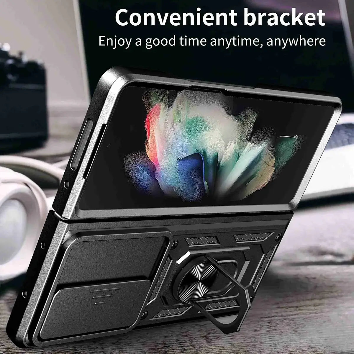 Buy Heavy Duty Case for Galaxy Z Fold, Sliding Camera Lens Cover & Ring Kickstand, Military Grade Shockproof Armor - Cole at Caseles-Samsung Galaxy Z Fold 7, Black