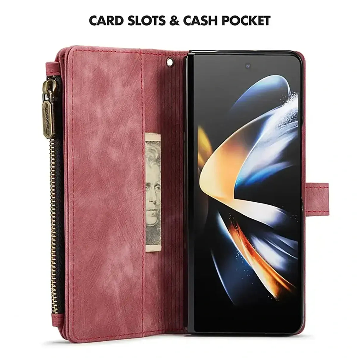 Buy Zipper Flip Folio Wallet Phone Case, Premium Leather Cover with Card Slots Cash Pocket Magnetic Closure and Kickstand,Devy at Caseles-Samsung Galaxy S24 Ultra, Brown