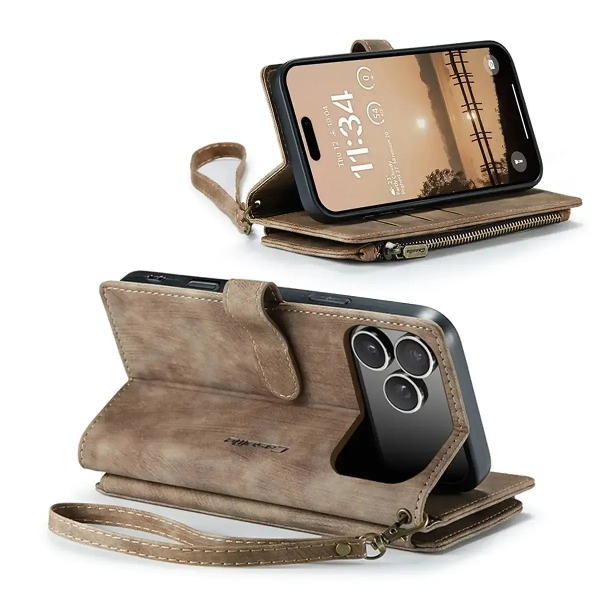 Buy Zipper Flip Folio Wallet Phone Case, Premium Leather Cover with Card Slots Cash Pocket Magnetic Closure and Kickstand,Devy at Caseles-iPhone 17 Pro Max, Khaki