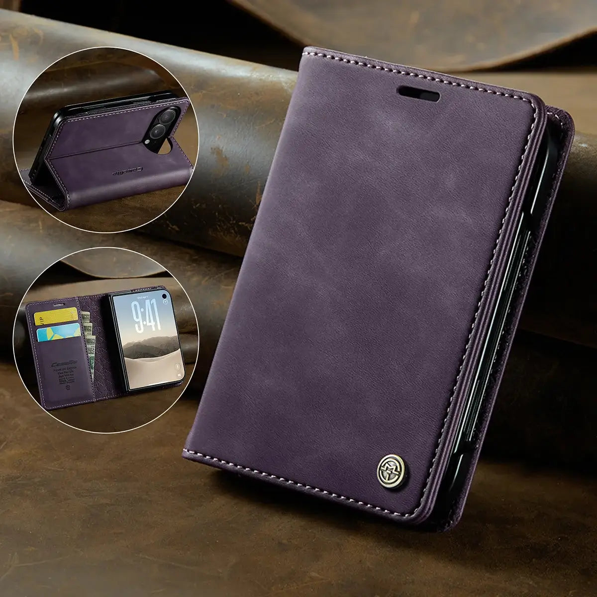 Buy Vintage Frosted Leather Flip Folio with Multiple Card Slots, Cash Pocket, Secure Magnetic Closure & All-Around Protection for iPhone Duo - DUNE at Caseles-iPhone Duo, Black