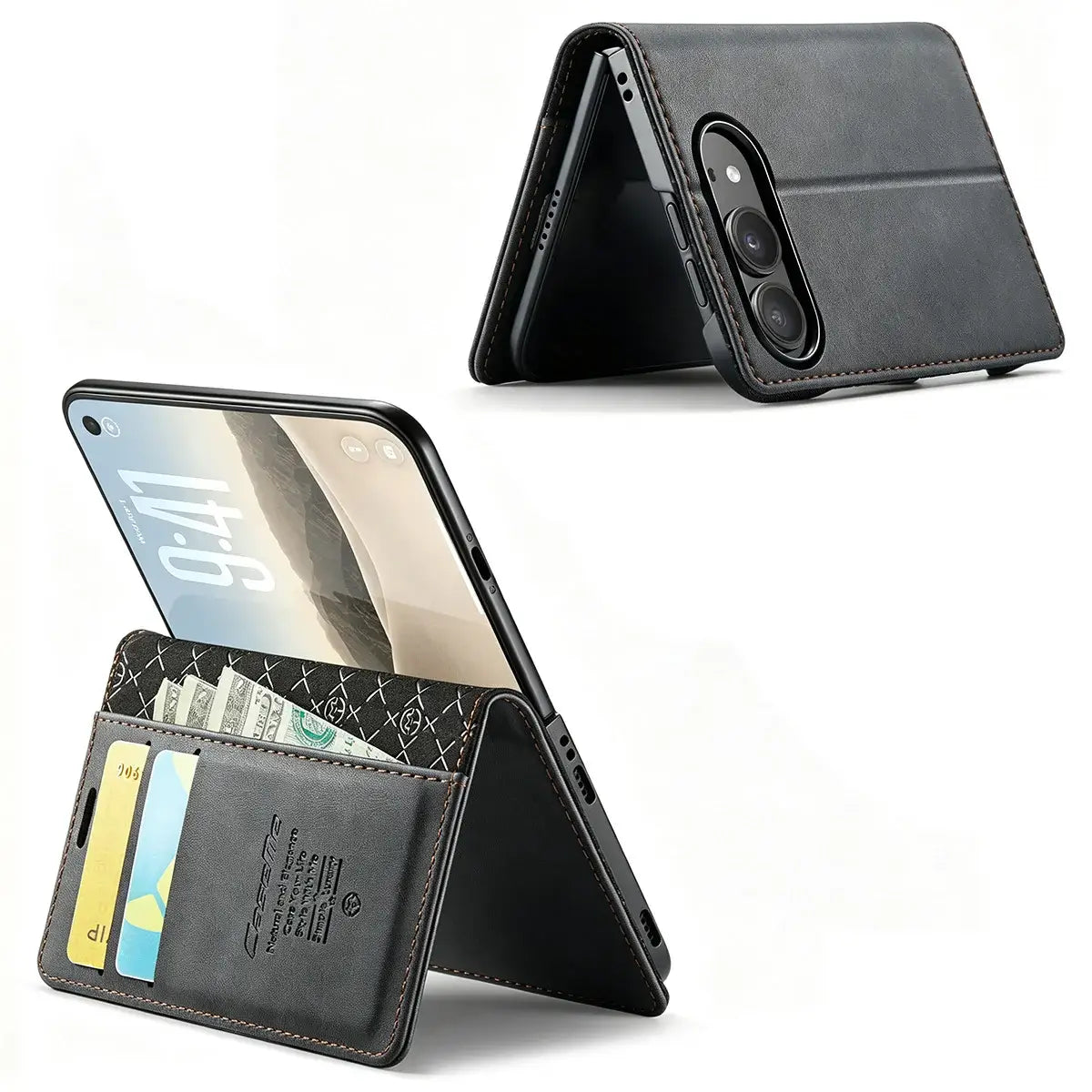 Buy Vintage Frosted Leather Flip Folio with Multiple Card Slots, Cash Pocket, Secure Magnetic Closure & All-Around Protection for iPhone Duo - DUNE at Caseles-iPhone Duo, Black