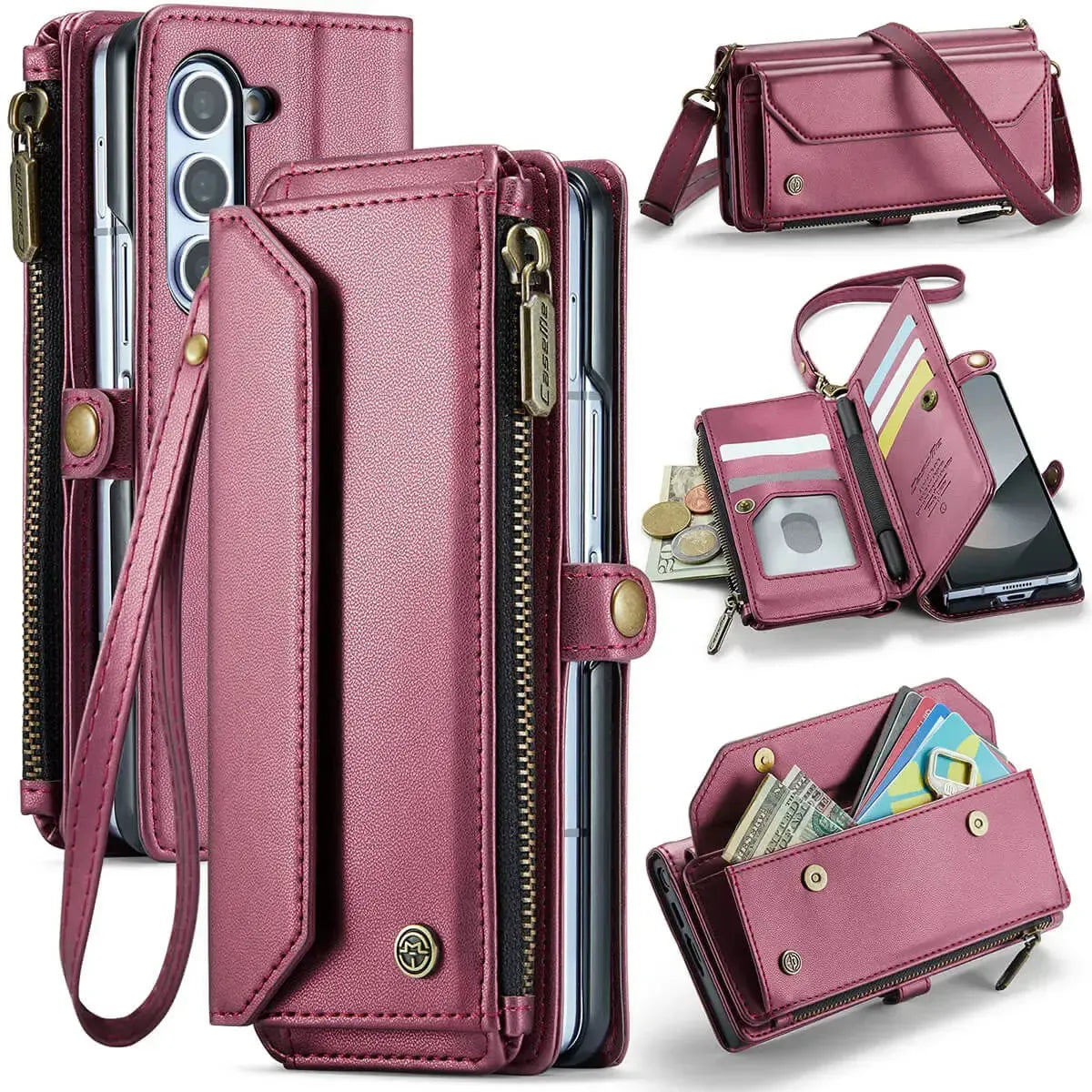 Buy Zipper Wallet Phone Case, RFID Blocking, Leather, Card Slots, for Samsung Galaxy at Caseles-Samsung Galaxy Z Fold 7, Aurora-Red