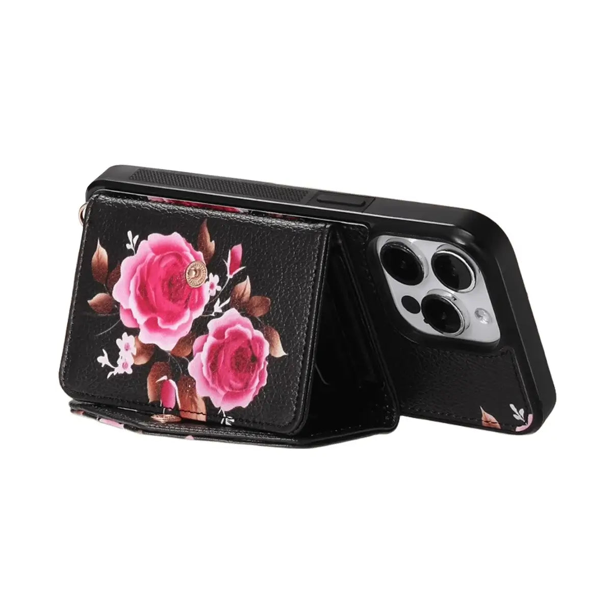 BuyCaseles Floral Wallet Case for iPhone: RFID Blocking, Makeup Mirror, Card Holder & Crossbody Strap - Flora at Caseles-iPhone 17 Pro Max, Black