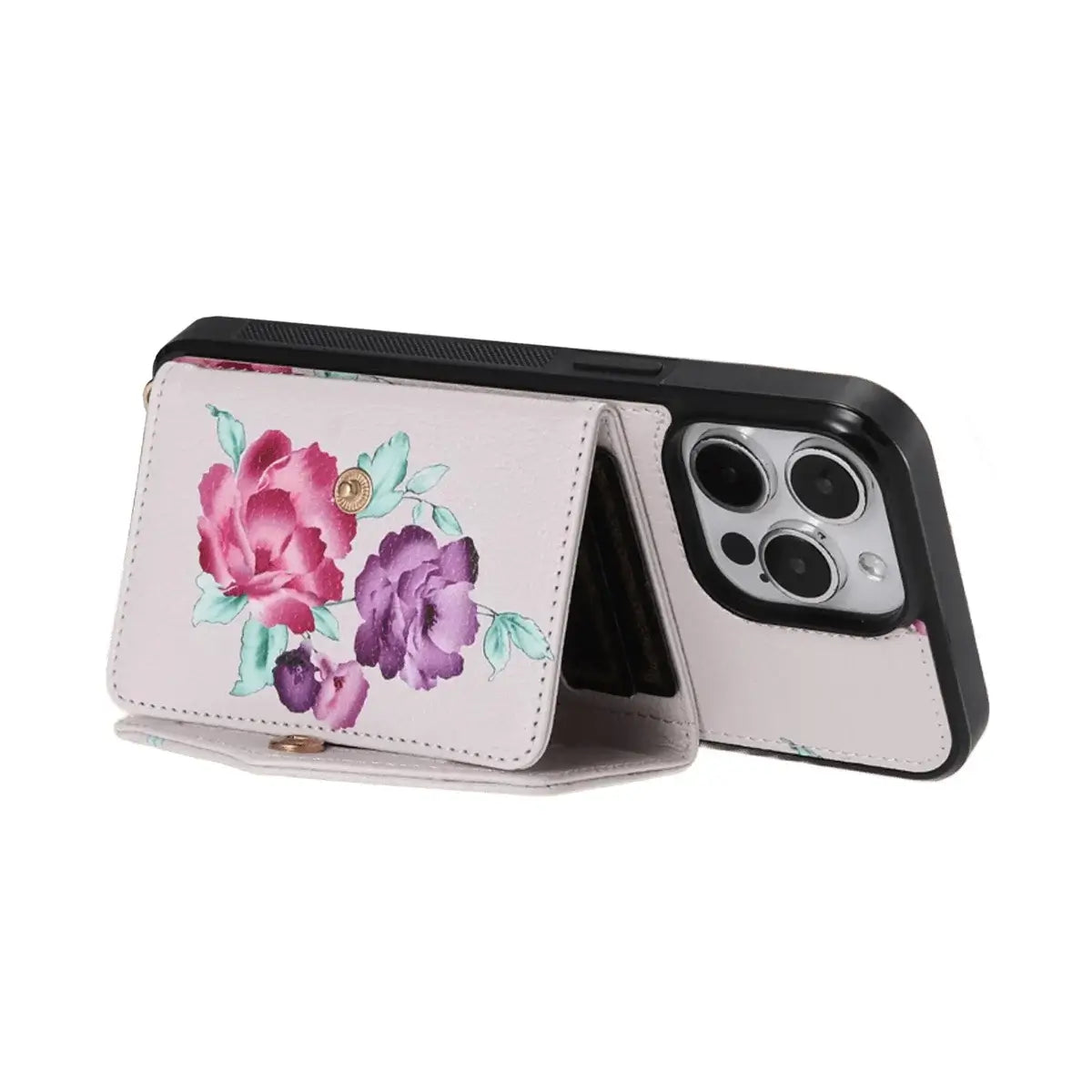 BuyCaseles Floral Wallet Case for iPhone: RFID Blocking, Makeup Mirror, Card Holder & Crossbody Strap - Flora at Caseles-iPhone 17 Pro Max, Black
