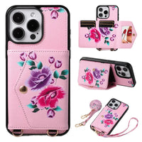 BuyCaseles Floral Wallet Case for iPhone: RFID Blocking, Makeup Mirror, Card Holder & Crossbody Strap - Flora at Caseles-iPhone 17 Pro Max, Pink