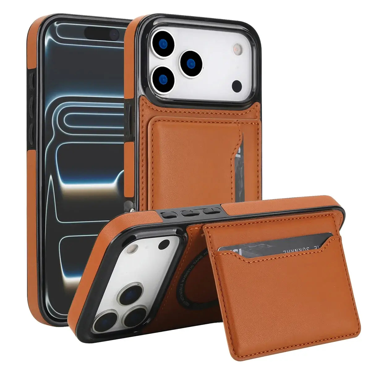 Buy Shockproof Protective Case with Card Holder, Magnetic Charging Compatibility & Hands-Free Viewing Stand - HALE at Caseles-iPhone 17 Pro Max, Brown