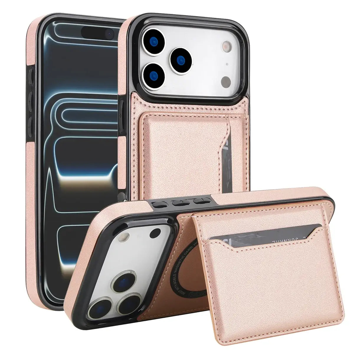 Buy Shockproof Protective Case with Card Holder, Magnetic Charging Compatibility & Hands-Free Viewing Stand - HALE at Caseles-iPhone 17 Pro Max, RoseGold
