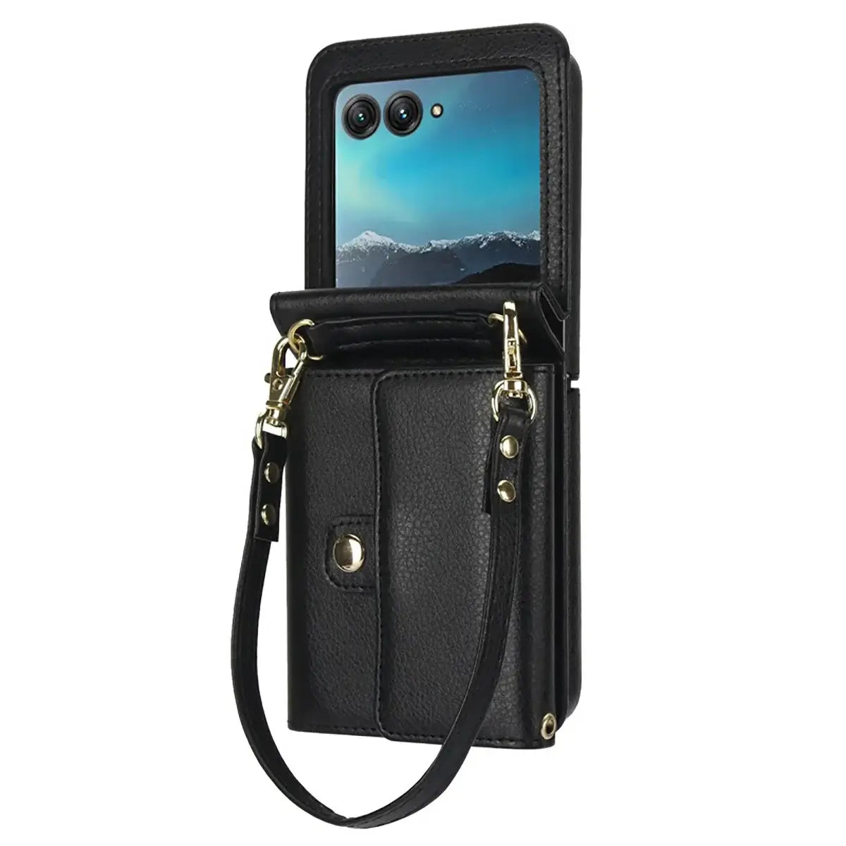 Buy Samsung Galaxy Z Flip Crossbody Wallet Case, RFID Blocking Leather Cover with Detachable Strap & Card Slots - IRIS at Caseles-Samsung Galaxy Z Flip 7, Black