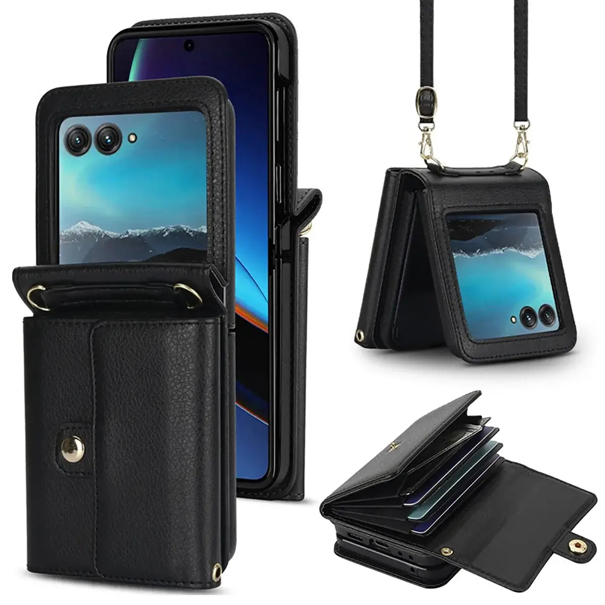 Buy Samsung Galaxy Z Flip Crossbody Wallet Case, RFID Blocking Leather Cover with Detachable Strap & Card Slots - IRIS at Caseles-Samsung Galaxy Z Flip 7, Black