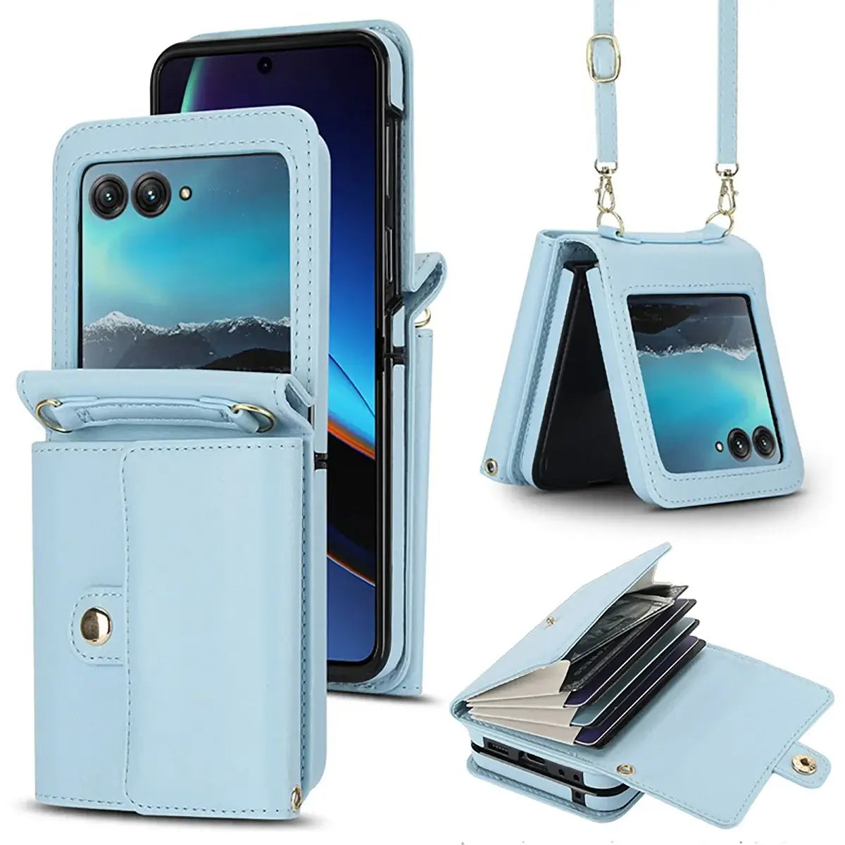 Buy Samsung Galaxy Z Flip Crossbody Wallet Case, RFID Blocking Leather Cover with Detachable Strap & Card Slots - IRIS at Caseles-Samsung Galaxy Z Flip 7, Light Blue