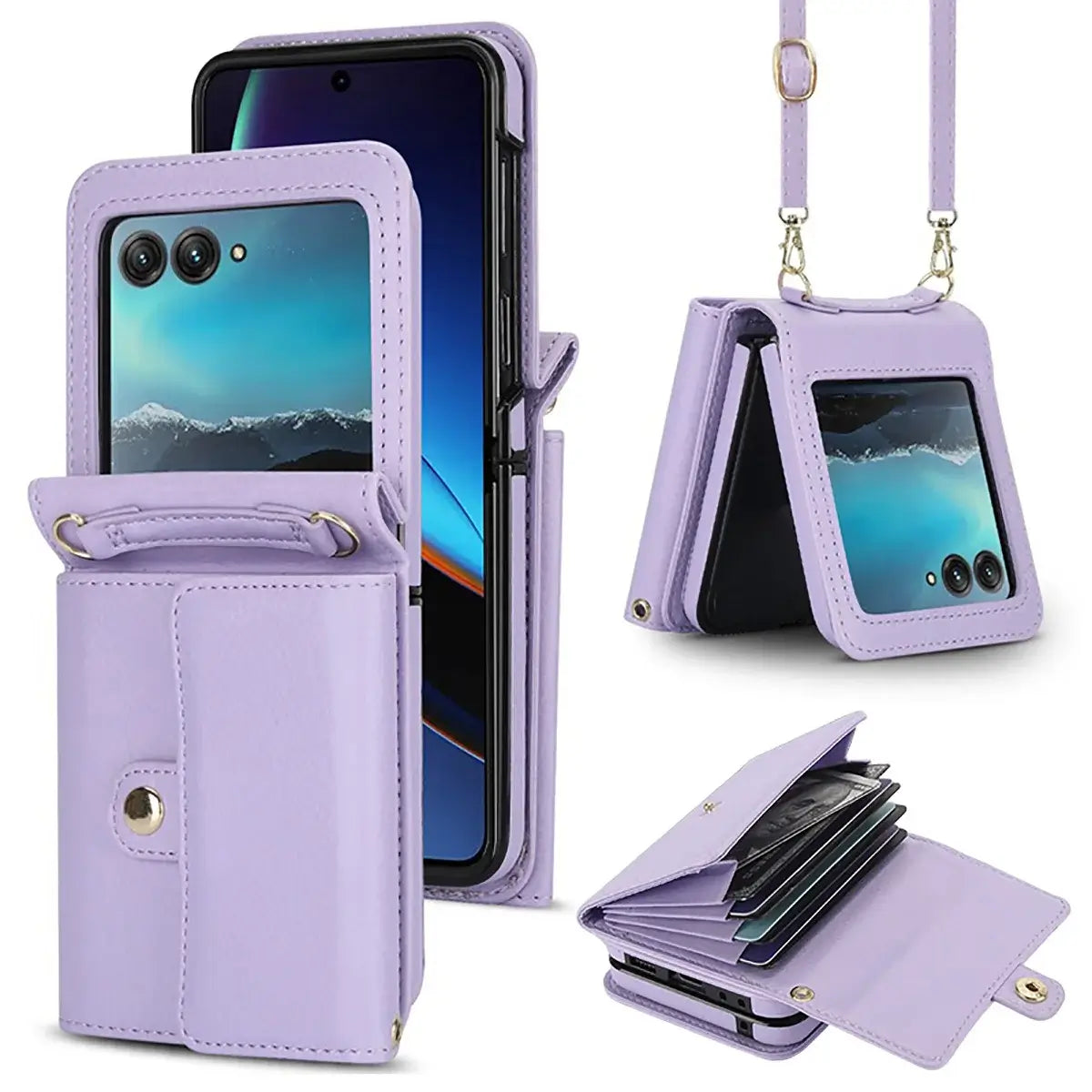 Buy Samsung Galaxy Z Flip Crossbody Wallet Case, RFID Blocking Leather Cover with Detachable Strap & Card Slots - IRIS at Caseles-Samsung Galaxy Z Flip 7, Light Purple