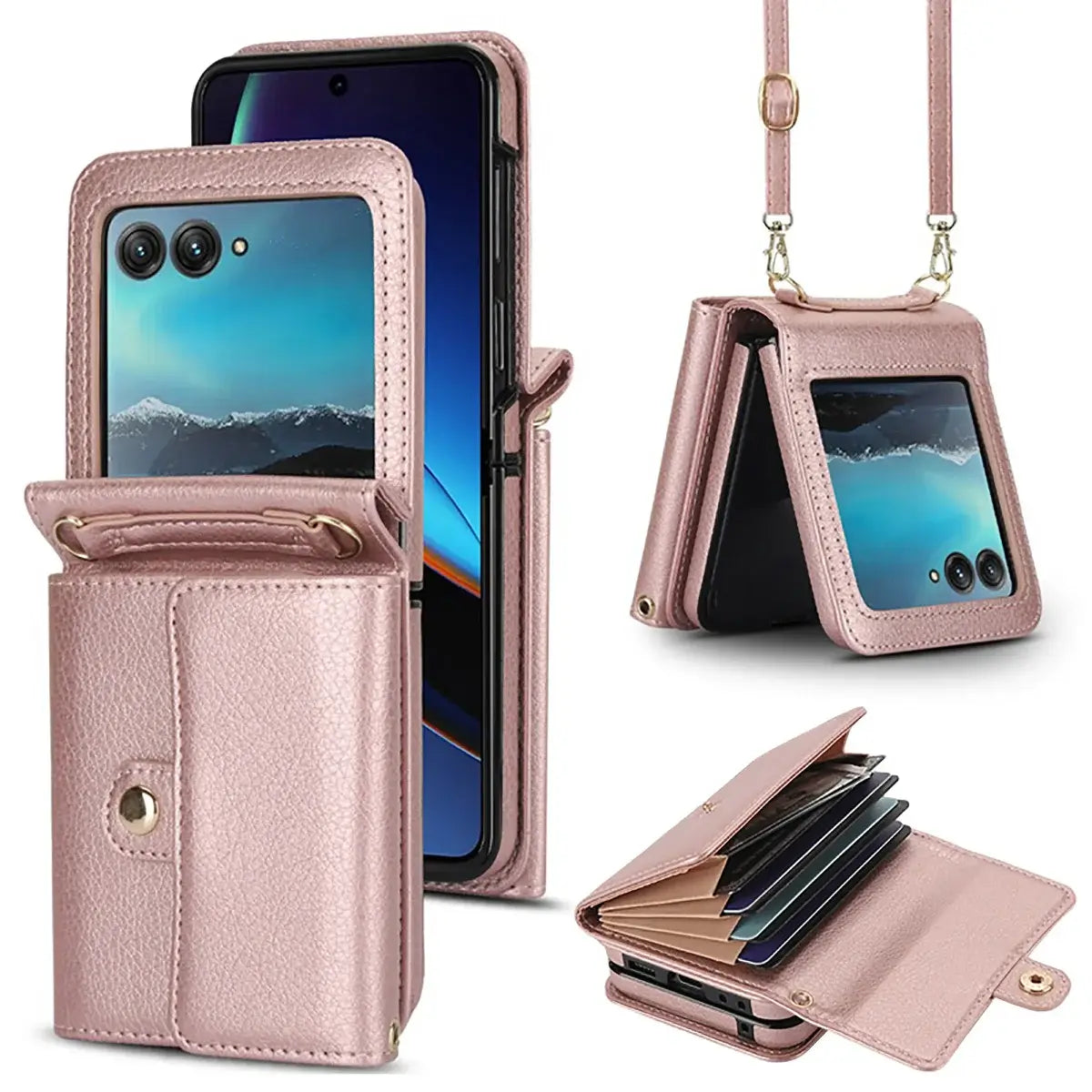 Buy Samsung Galaxy Z Flip Crossbody Wallet Case, RFID Blocking Leather Cover with Detachable Strap & Card Slots - IRIS at Caseles-Samsung Galaxy Z Flip 7, Rose Gold