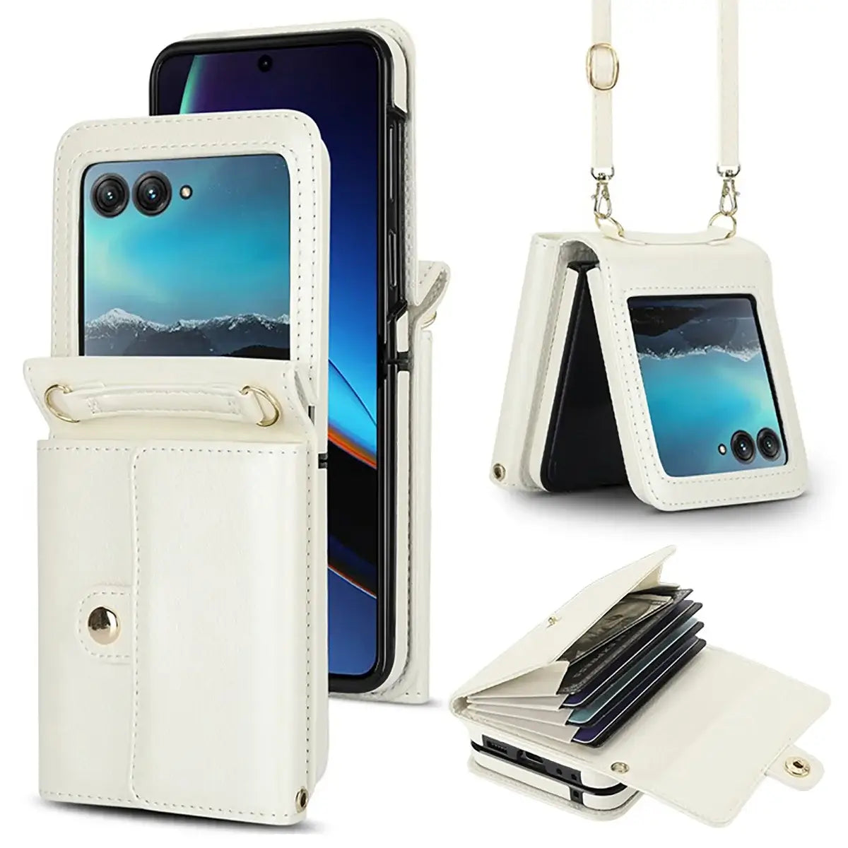 Buy Samsung Galaxy Z Flip Crossbody Wallet Case, RFID Blocking Leather Cover with Detachable Strap & Card Slots - IRIS at Caseles-Samsung Galaxy Z Flip 7, White