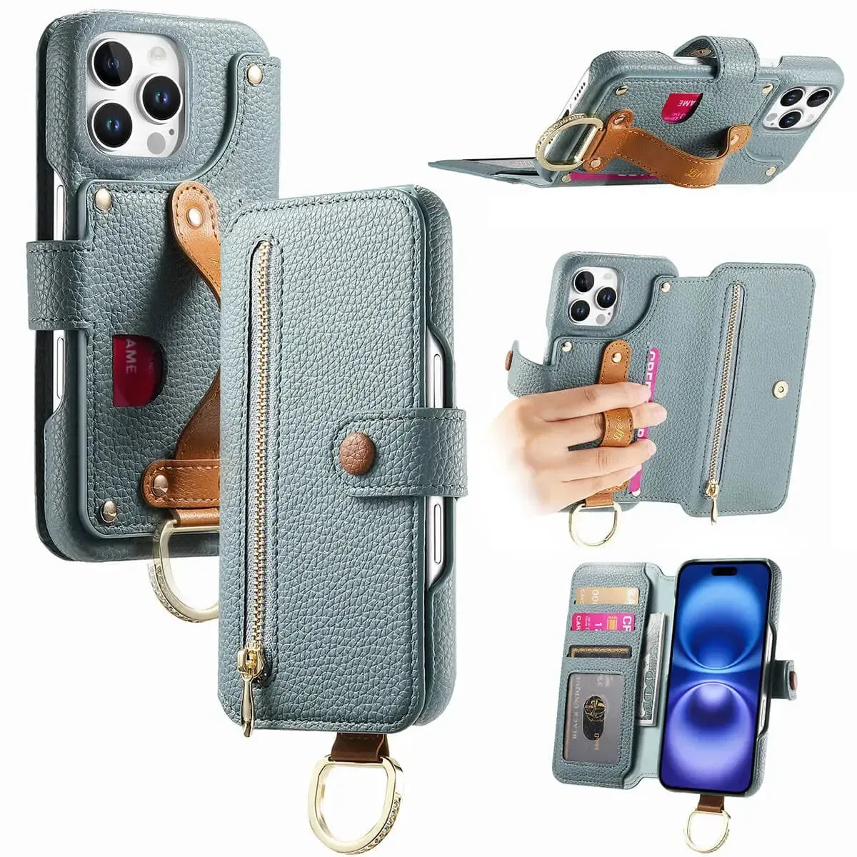 Buy Caseles Leather Case for iPhone with Wrist Strap Flip Cover with Ring RFID Blocking Zipper Wallet Cover for Women,Jessica at Caseles-iPhone 16 Pro Max, Blue