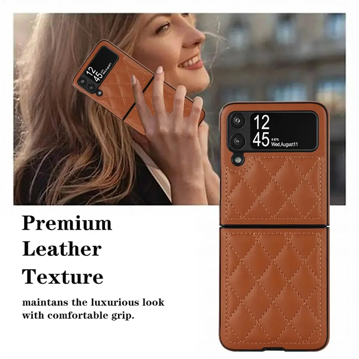 Buy Skin-Touch Leather Flip Case for Galaxy Z Flip, 360° Slim Full Protection Cover , Lanie at Caseles-Samsung Galaxy Z Flip 7, Black