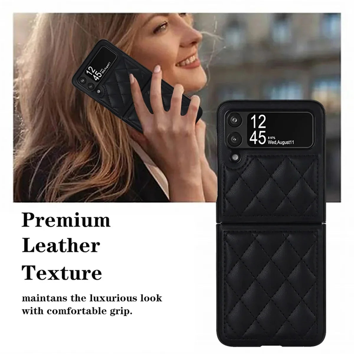 Buy Skin-Touch Leather Flip Case for Galaxy Z Flip, 360° Slim Full Protection Cover , Lanie at Caseles-Samsung Galaxy Z Flip 7, Black