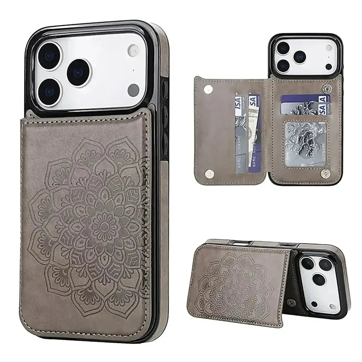 Buy Classic Wallet Phone Case, Credit Card Holder, Leather, Double Magnetic Buttons, Shockproof Case,Maddox at Caseles-iPhone 17 Pro Max, Maddox-Gray