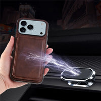 Buy Leather Wallet Case for iPhone with 4 Card Holder, RFID Protection & Car Mount Ready - MAVERICK at Caseles-iPhone 17 Pro Max, Brown