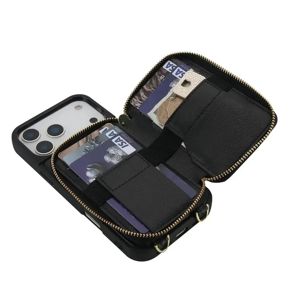 Buy Classic Crossbody Wallet Phone Case, Premium Leather, Credit Card Holder, Zipper Pocket Purse Handbag, Kickstand Shockproof Case - MIREYA at Caseles-iPhone 17 Pro Max, Mireya-Black