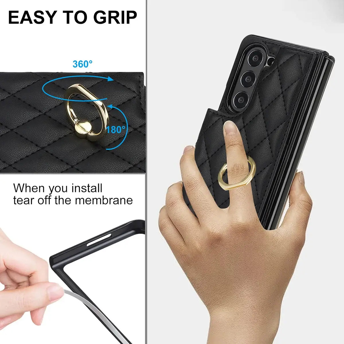 Buy Diamond Pattern Leather Wallet Case for Galaxy Z Fold, Multi-Card Slots & Ring Stand Cover - NATTIE at Caseles-Samsung Galaxy Z Fold 7, Black