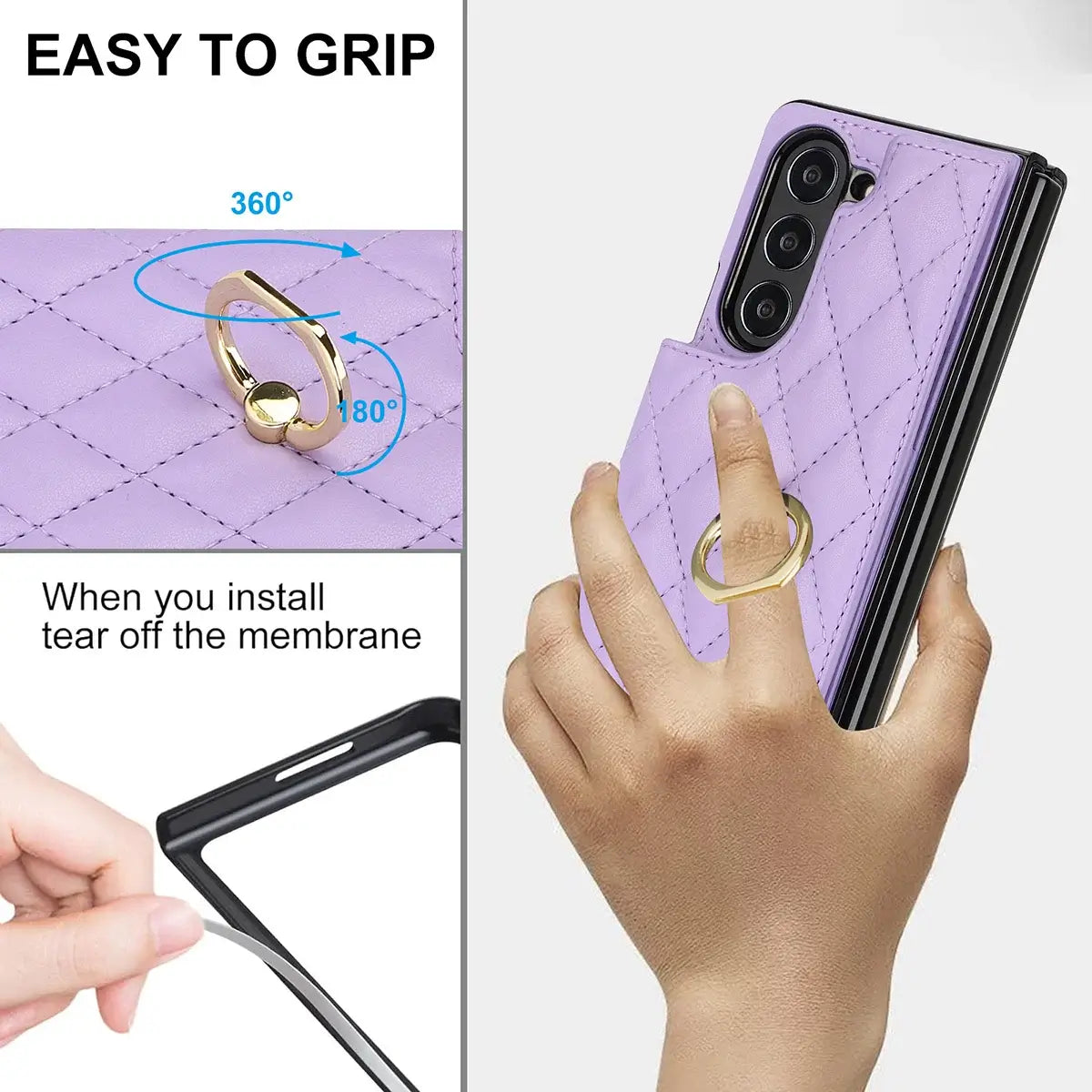 Buy Diamond Pattern Leather Wallet Case for Galaxy Z Fold, Multi-Card Slots & Ring Stand Cover - NATTIE at Caseles-Samsung Galaxy Z Fold 7, Black