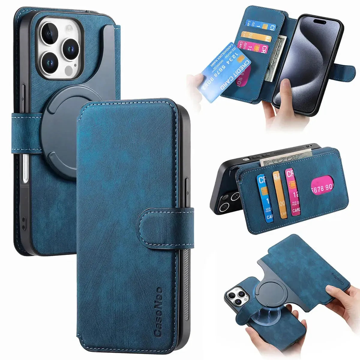 Buy Retro Magnetic Wallet Case, Support Magsafe, Detachable 2in1 Folio Flip Cover, with Card Slots - Nelson at Caseles-iPhone 16 Pro Max, Blue