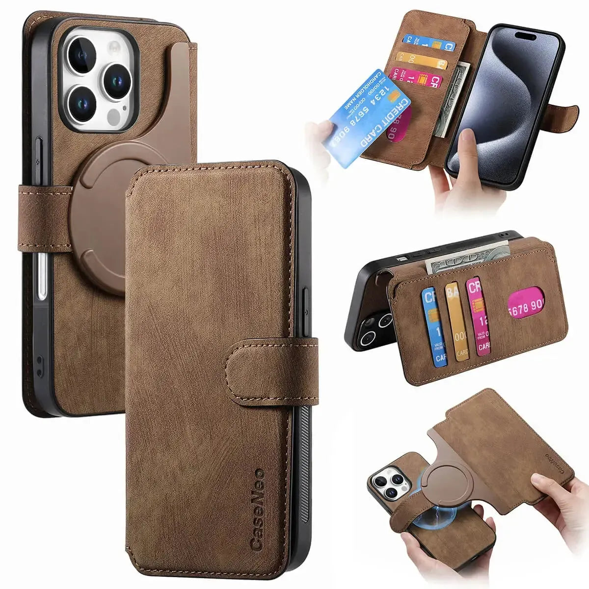 Buy Retro Magnetic Wallet Case, Support Magsafe, Detachable 2in1 Folio Flip Cover, with Card Slots - Nelson at Caseles-iPhone 16 Pro Max, Brown