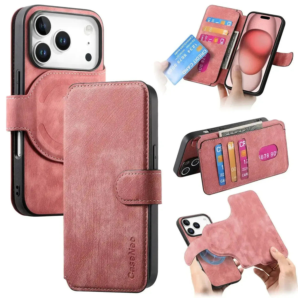 Buy Retro Magnetic Wallet Case, Support Magsafe, Detachable 2in1 Folio Flip Cover, with Card Slots - Nelson at Caseles-iPhone 17 Pro Max, Pink