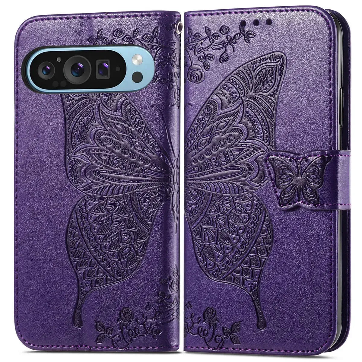 Buy Wallet Case for Google Pixel, Leather Flip Cover with Card Slots, Wrist Strap, Butterfly Embossed Design, Stand Feature for Women - Piper at Caseles-Google Pixel 10 Pro XL, Black