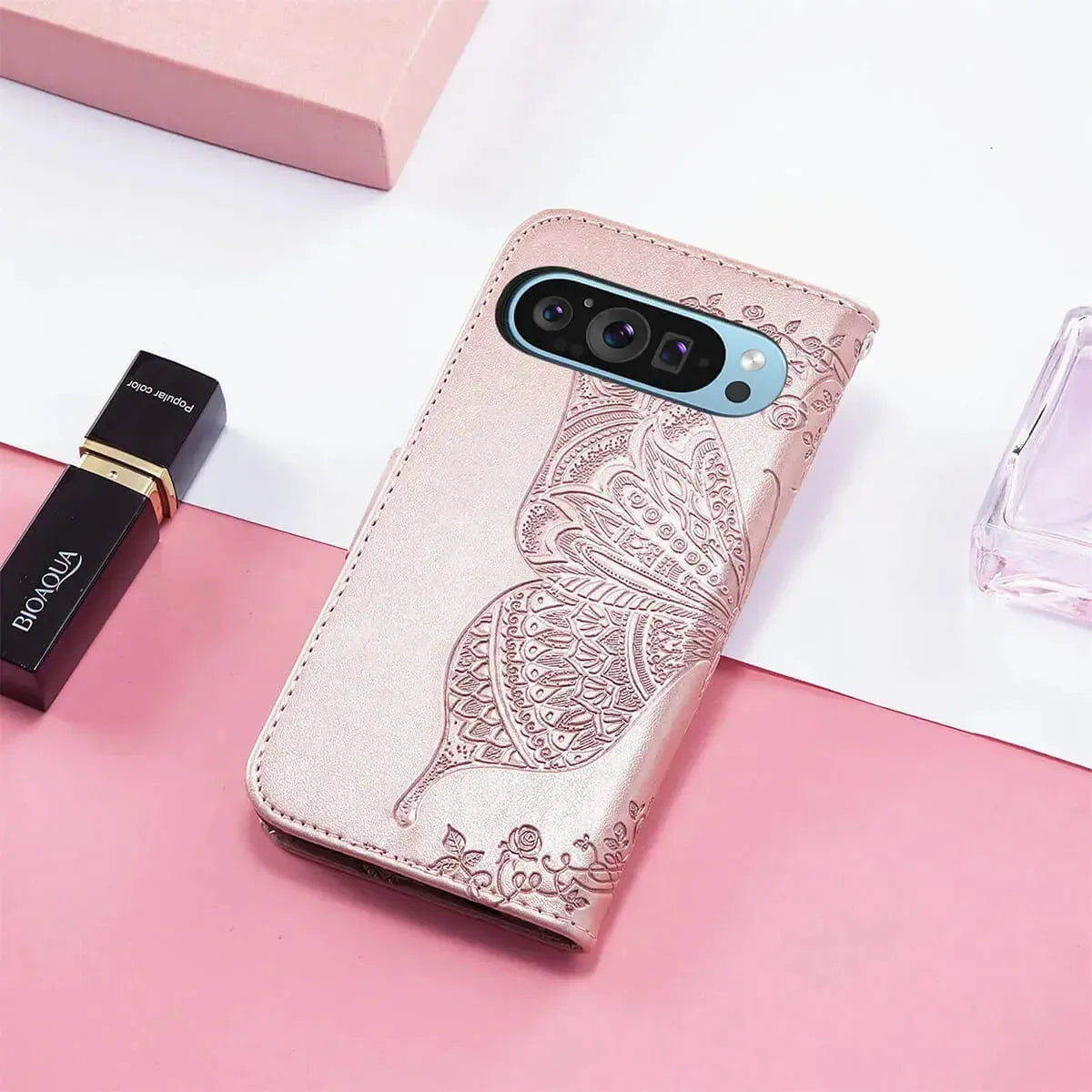 Buy Wallet Case for Google Pixel, Leather Flip Cover with Card Slots, Wrist Strap, Butterfly Embossed Design, Stand Feature for Women - Piper at Caseles-Google Pixel 10 Pro XL, Black