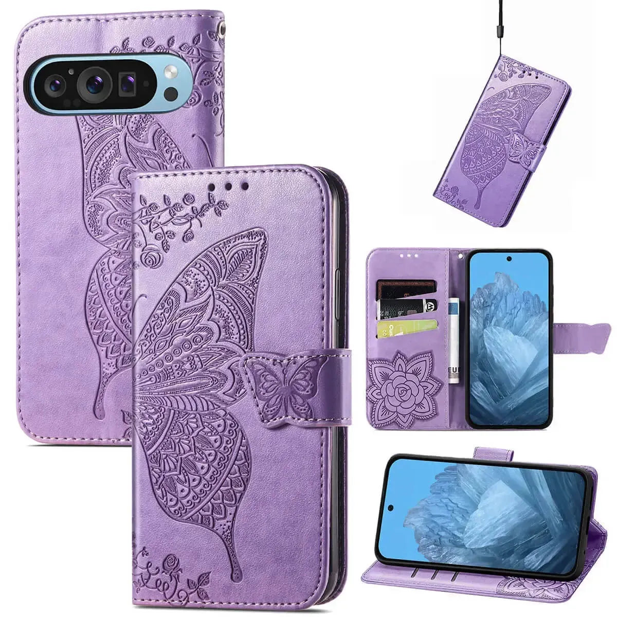 Buy Wallet Case for Google Pixel, Leather Flip Cover with Card Slots, Wrist Strap, Butterfly Embossed Design, Stand Feature for Women - Piper at Caseles-Google Pixel 10 Pro XL, Light Purple