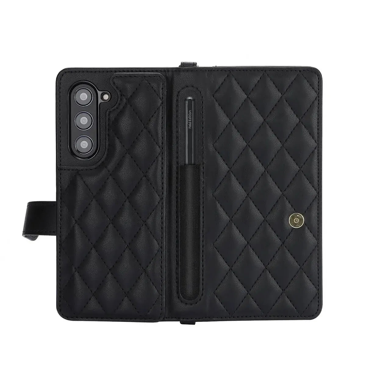 Buy Luxury Grid Leather Wallet Case for Samsung Z Fold with S Pen Holder & Crossbody Strap, SADIE at Caseles-Samsung Galaxy Z Fold 7, Black